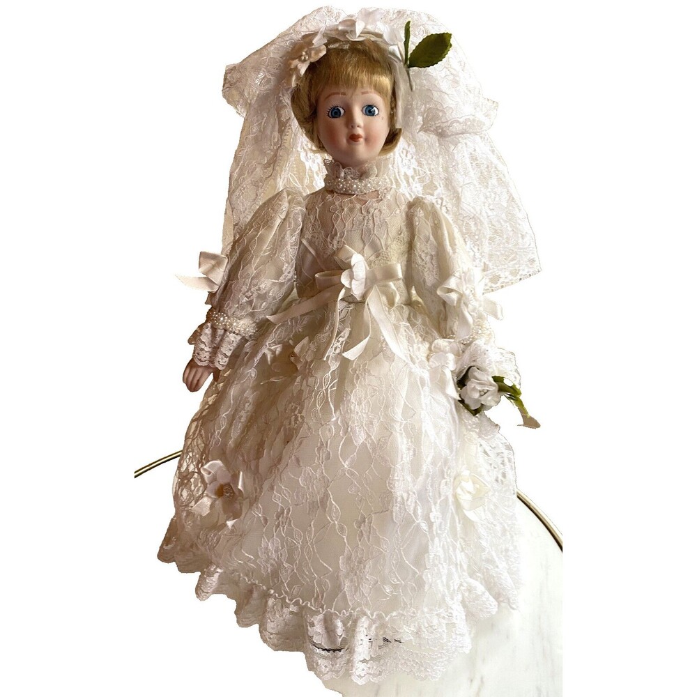 BRIDE Porcelain Doll Wedding Lace Gown Veil Flowers Blonde Hair Blue Eyes 17 in